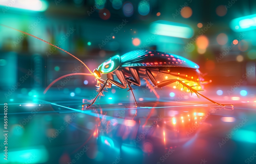 A surreal close-up of a glowing neon insect walking on a reflective surface in a vibrant, futuristic environment. A surreal close-up of a glowing neon insect walking on a reflective surface in a vibrant, futuristic environment.