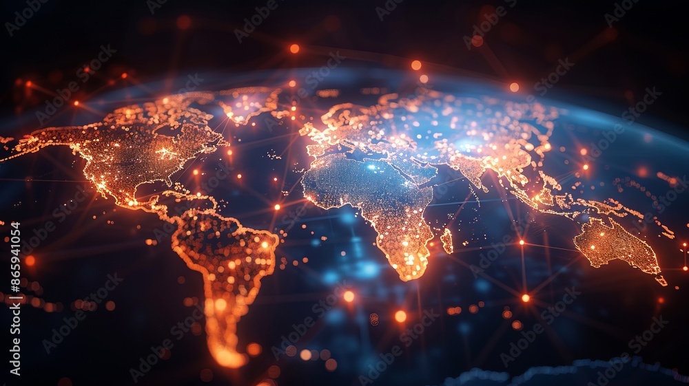 A vibrant digital representation of the world map illuminated by networks and connections, highlighting globalization and technology. A vibrant digital representation of the world map illuminated by networks and connections, highlighting globalization and technology.