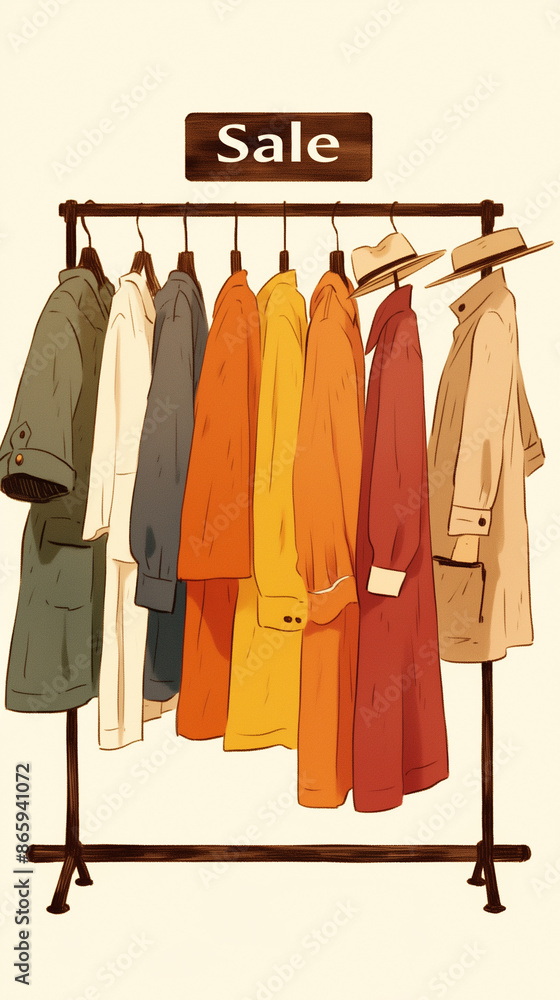 Clothing Rack with Various Coats and Sale Sign Clothing Rack with Various Coats and Sale Sign