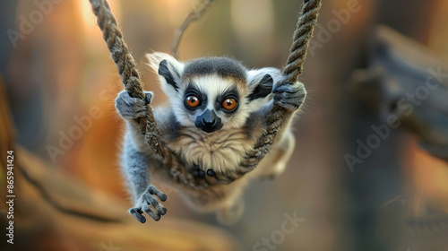 a small gray lemur with orange eyes and a black nose hangs on a tree branch, with its white and black head and ear visible photo