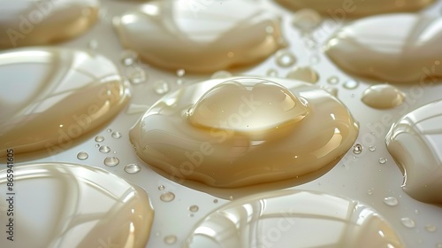  A close-up of multiple droplets of liquid on a white surface, including water drops