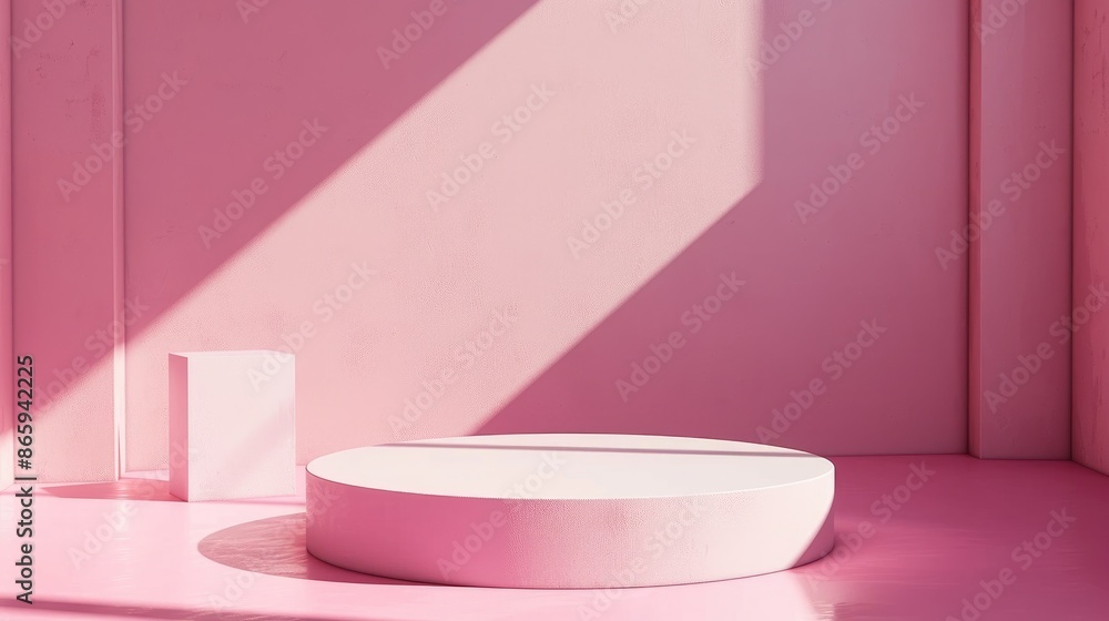 Minimal geometric podium background with hard shadows on pastel pink backdrop Minimal geometric podium background with hard shadows on pastel pink backdrop