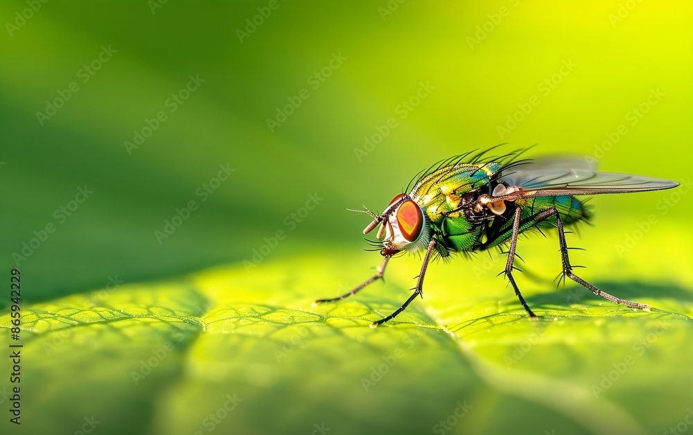 Naklejka premium Close-up of a vibrant green fly with striking red eyes sitting on a leaf, beautifully lit by sunlight against a lush green background.