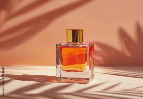 Glass Perfume Bottle With Gold Accents on Brown Background