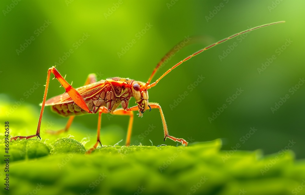 Close-up shot of an orange cricket on a vibrant green leaf, showcasing detailed textures and striking colors against a blurred background. Close-up shot of an orange cricket on a vibrant green leaf, showcasing detailed textures and striking colors against a blurred background.