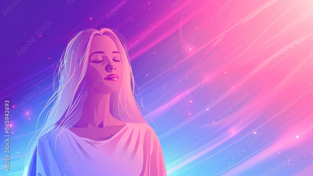 Digital artwork of a serene woman with long hair in a vibrant cosmic background with glowing colors. Digital artwork of a serene woman with long hair in a vibrant cosmic background with glowing colors.