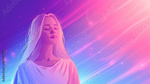 Digital artwork of a serene woman with long hair in a vibrant cosmic background with glowing colors.