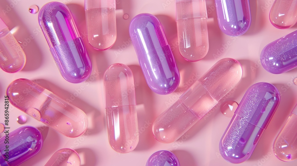 Close up top view of pink and purple vitamin capsules on pink background Close up top view of pink and purple vitamin capsules on pink background