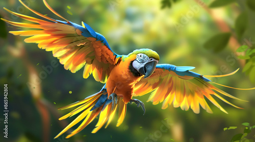 a colorful parrot with a yellow head and blue tail flies through the air, displaying its vibrant feathers photo