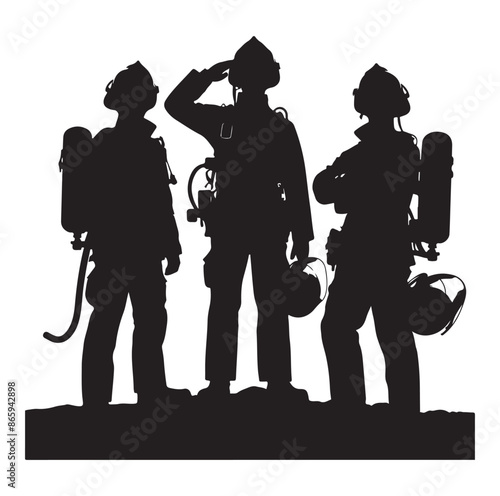 Firefighters pose silhouette full body black color only.