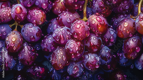  A close-up of a cluster of grapes with water droplets on their tops and bottoms