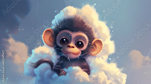 a monkey with black eyes and a pink mouth sits on a cloud, with a brown ear visible in the foreground and a white and blue sky in the background photo