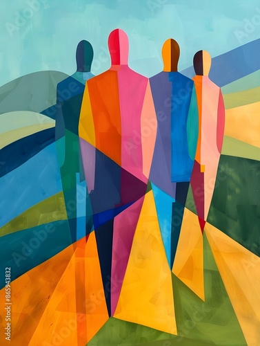 Vibrant Suprematist Inspired Humanoid Figures in Geometric Landscape Composition photo