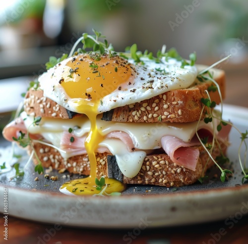 Fried Egg, Ham, and Cheese Sandwich on Toasted Bread