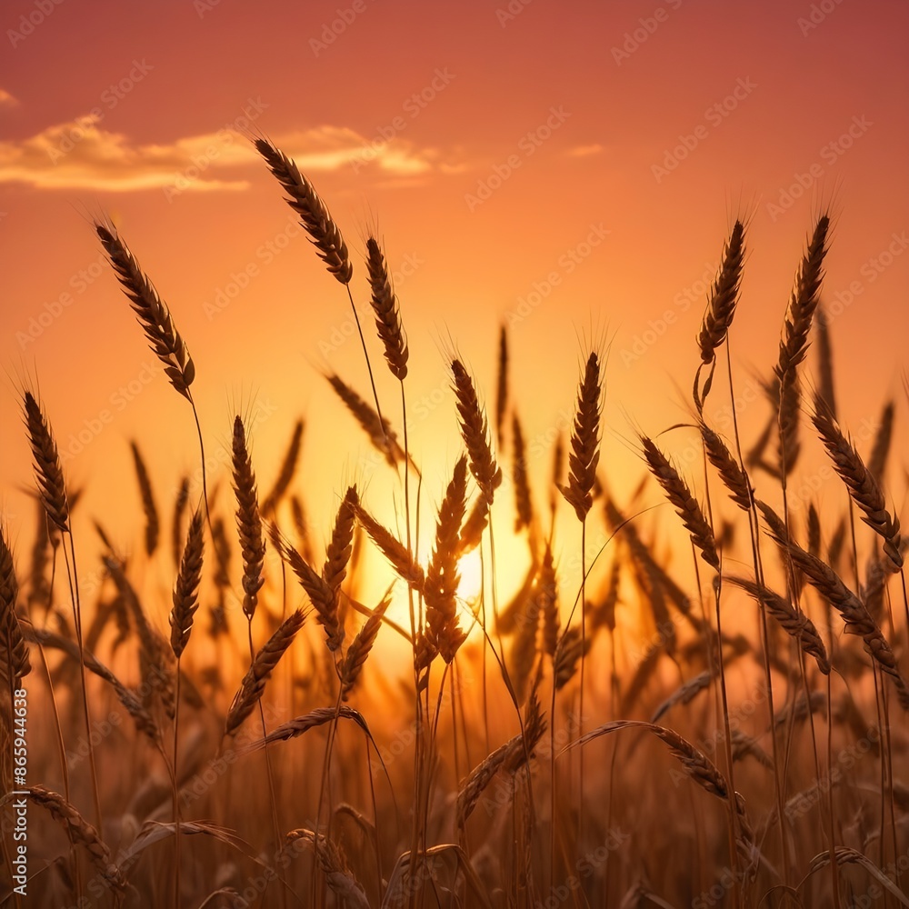 wheat stalks against a warm sunset sky, with the sun peeking through the stalks wheat stalks against a warm sunset sky, with the sun peeking through the stalks