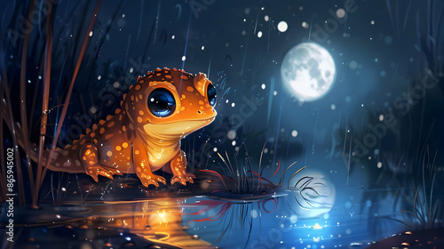 a yellow frog with a blue eye sits in the rain under a full moon, its reflection visible in the water photo