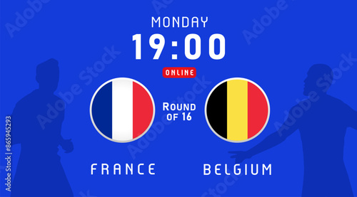 France vs Belgium, Round of 16, July 2024, flag emblems. Vector background with French and Belgian flags for football championship on TV broadcast or news program