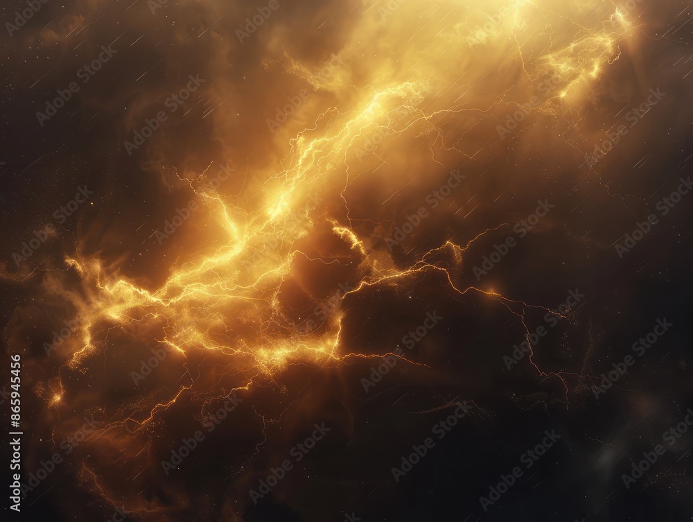 Thunderstorm golden lightening on a dark background. AI generated image Thunderstorm golden lightening on a dark background. AI generated image