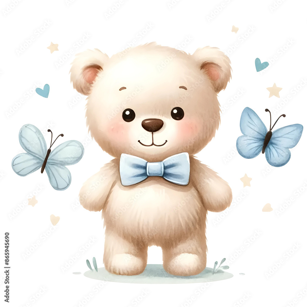 Fototapeta premium 3d teddy bear with blue ribbon