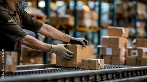 worker organizing and labeling packages on conveyor belt, logistics and shipment detail