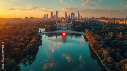 Drone shot of the scenic VDNKh park and exhibition center in Moscow photo