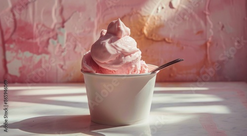Single Serving of Pink Ice Cream in a White Cup on a Light Blue Table With a ...