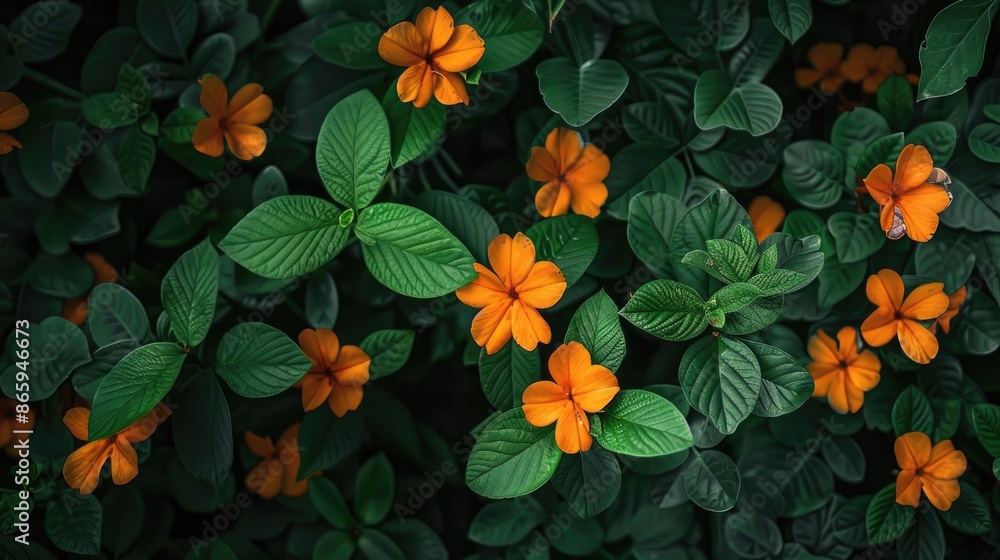 Flowers of orange hue accompanied by foliage in a shade of green Flowers of orange hue accompanied by foliage in a shade of green