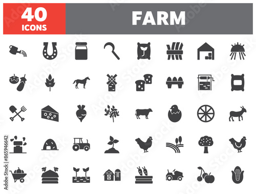 Set of 40 line icons farm. Outline icon collection. Editable stroke. Vector illustration.