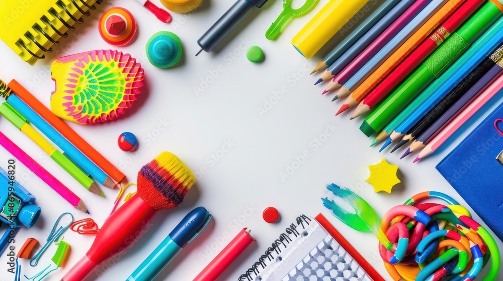 Bright, colorful school supplies on a white background, arranged with negative space for text Bright, colorful school supplies on a white background, arranged with negative space for text