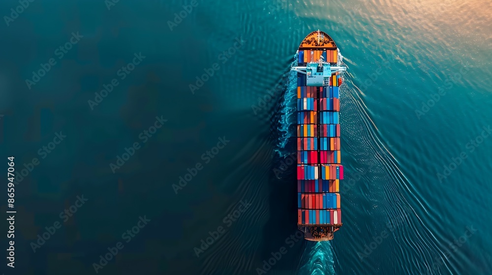 aerial shot of cargo ship with colorful containers, deep blue waters, global trade aerial shot of cargo ship with colorful containers, deep blue waters, global trade