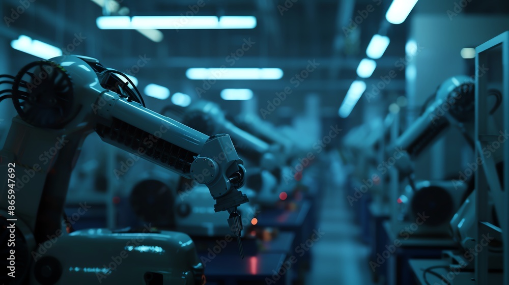 Naklejka premium A row of robotic arms working in a factory setting, showcasing the automation technology in an advanced manufacturing environment.