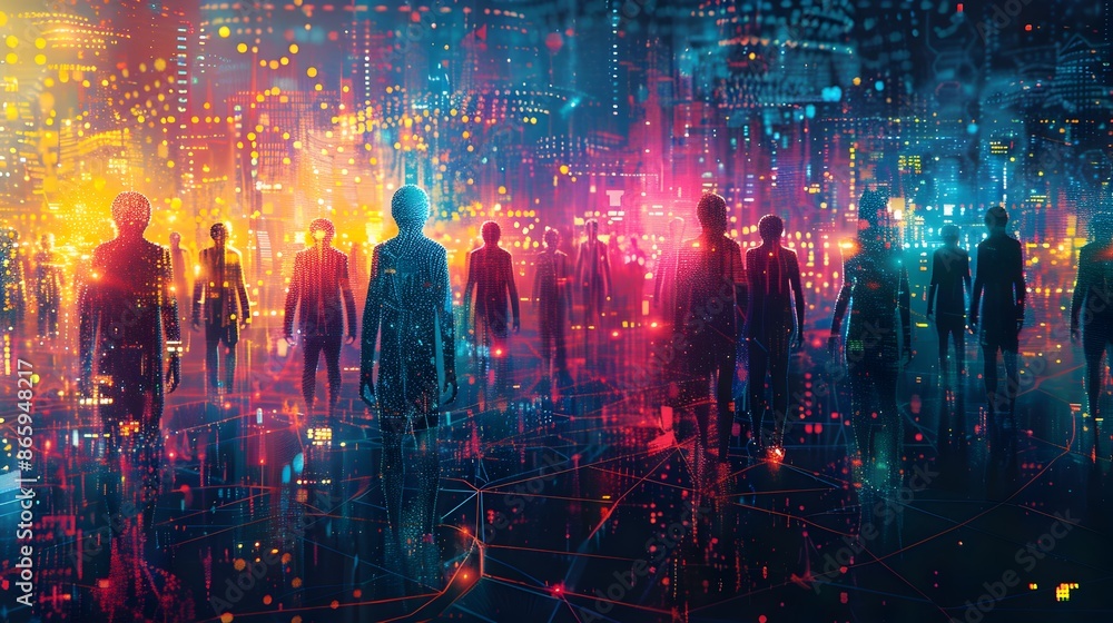 Futuristic Digital Art of Bonded Geometric Figures in Dystopian Metropolis with Bold Colors and Futuristic Digital Art of Bonded Geometric Figures in Dystopian Metropolis with Bold Colors and