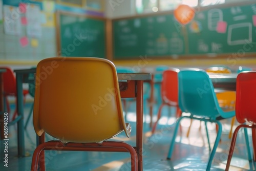 Empty Classroom Chairs Facing Green Chalkboard in Sunlight