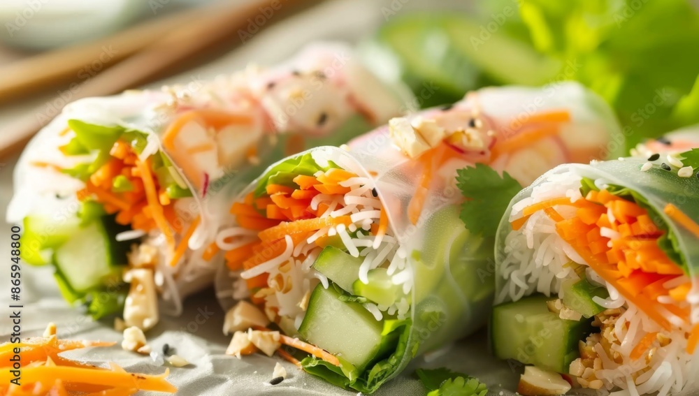 photo of three delicious-looking fresh spring rolls photo of three delicious-looking fresh spring rolls