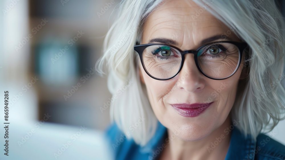 Portrait of a mature woman with stylish glasses, gray hair, and confident expression. The background is blurred, highlighting her face. Portrait of a mature woman with stylish glasses, gray hair, and confident expression. The background is blurred, highlighting her face.