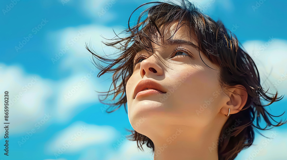 A young woman with short hair looks up at the sky with a thoughtful expression. The blue sky and fluffy clouds create a serene backdrop. A young woman with short hair looks up at the sky with a thoughtful expression. The blue sky and fluffy clouds create a serene backdrop.