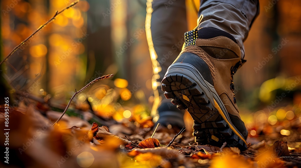 Naklejka premium hiker's boots on forest trail with autumn leaves, golden morning light, human-nature connection