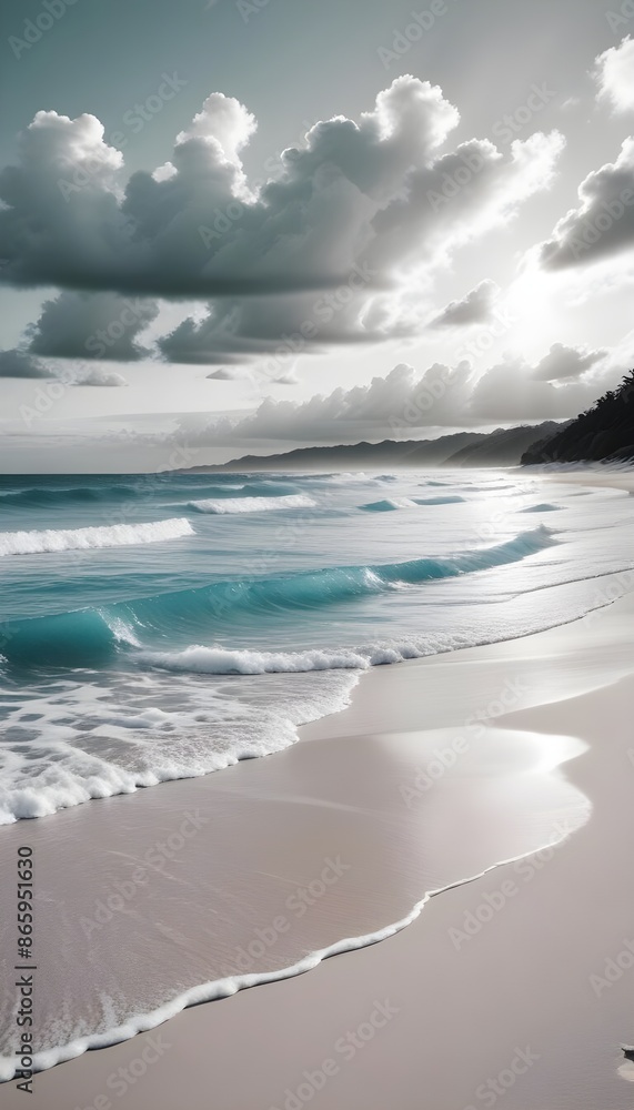Fototapeta premium Expansive tropical beach scene with calm turquoise waves, smooth white sand, and a cloudless azure sky above