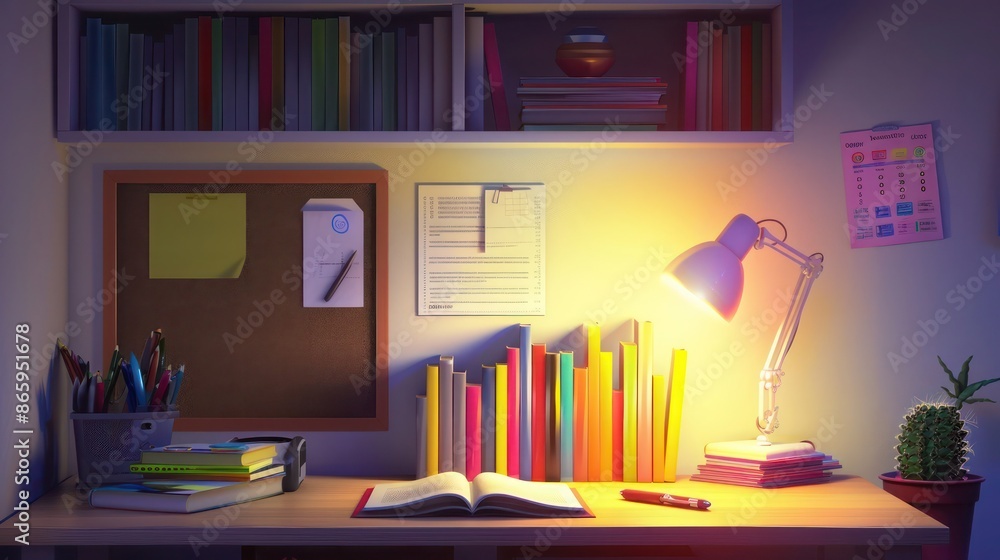 Clean study space with a bulletin board, neatly arranged books, and a bright desk lamp Clean study space with a bulletin board, neatly arranged books, and a bright desk lamp