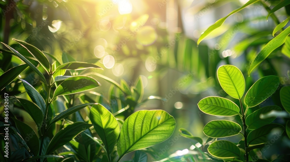 Fototapeta premium Green plants under sunlight as a backdrop ecological greenery