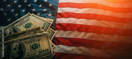 Obraz na płótnie Dollar money with America flag background. 4th of July or America independence day. Generative AI technology. w salonie