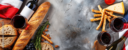 Bastille Day background, Top View of French Flag, Baguette, and Wine on Grey Stone Table with Copy Space - French Cuisine Concept Banner photo