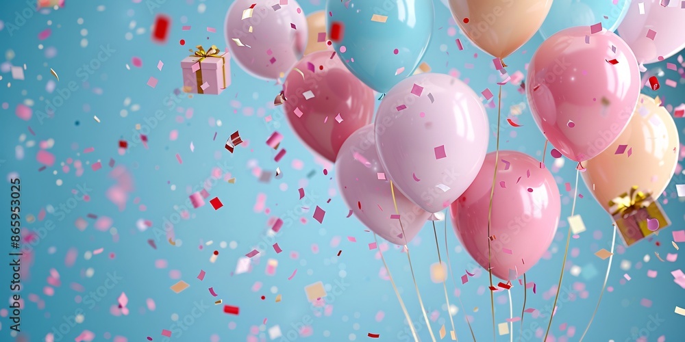 Celebration, festive background with helium colorfull balloons, gifts and confetti. holiday party invite. Happy anniversary. Copy space. Celebration, festive background with helium colorfull balloons, gifts and confetti. holiday party invite. Happy anniversary. Copy space.