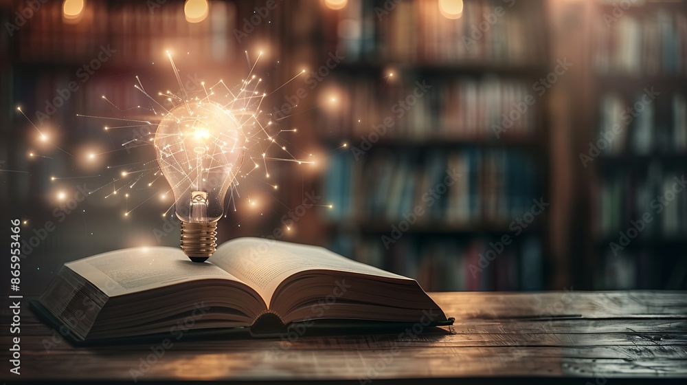 open book with glowing light bulb and neural patterns, cozy dim library, creativity and knowledge open book with glowing light bulb and neural patterns, cozy dim library, creativity and knowledge