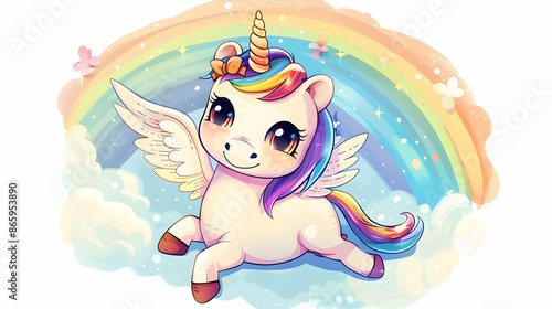 a cute cartoon unicorn with wings and a rainbow in the background © cOmbEt