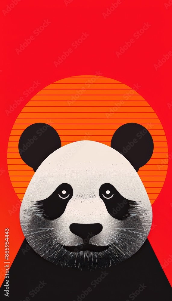 Modern graphic illustration of a panda bear with a bold red background and orange sun. Ideal for creative, artistic, and design projects.