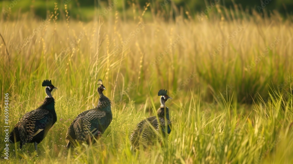 Helmeted guineafowl group in tall grass on savannah Helmeted guineafowl group in tall grass on savannah