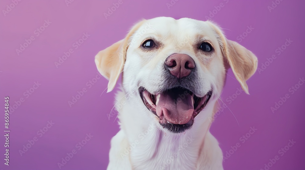 Closeup of a white dog with a joyful expression on a bright purple background, cheerful and lively, selective focus, joyful pet theme, vibrant, composite, vivid backdrop Closeup of a white dog with a joyful expression on a bright purple background, cheerful and lively, selective focus, joyful pet theme, vibrant, composite, vivid backdrop