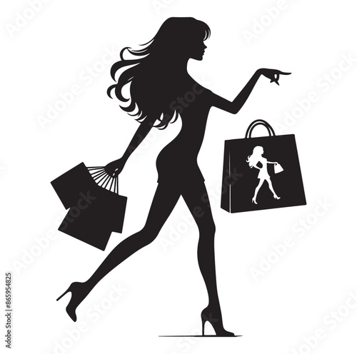 shopping girl woman holding shopping bag silhouette vector illustration