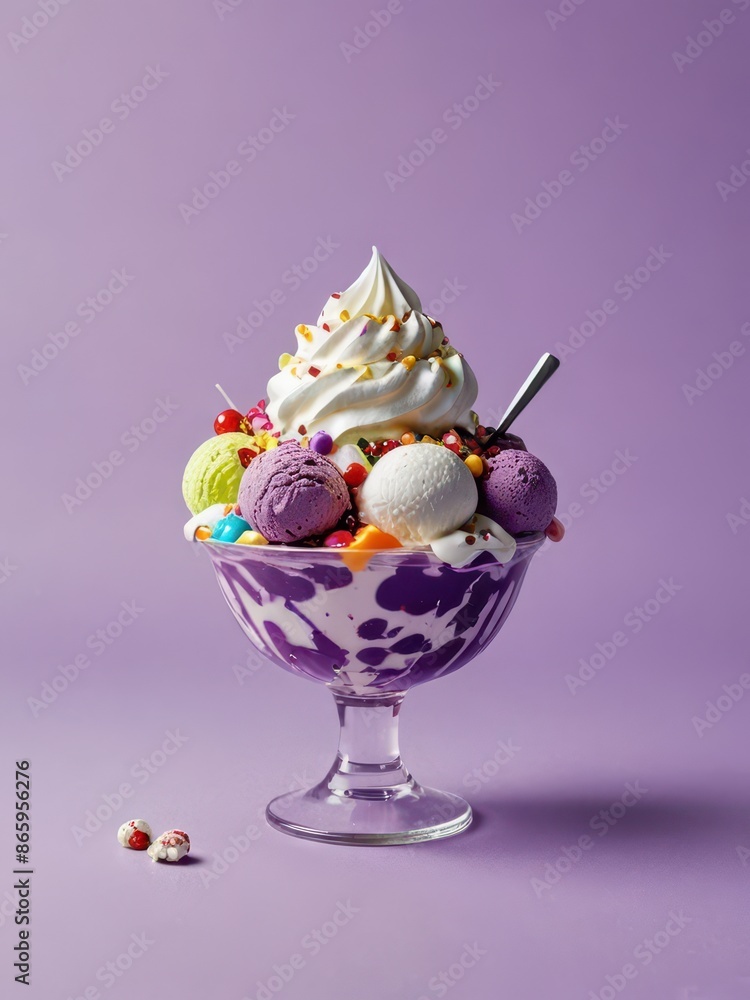 Colorful Ice Cream Sundae with Sprinkles in Glass Bowl on Purple Background. Colorful Ice Cream Sundae with Sprinkles in Glass Bowl on Purple Background.